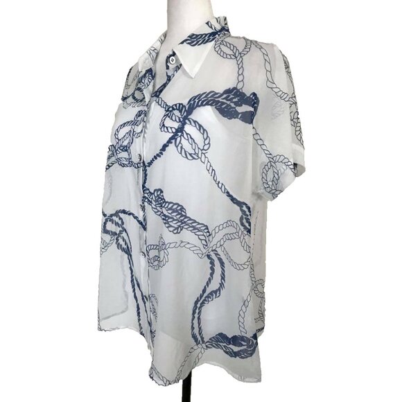 CABI Short Sleeve Blouse Top #5229 Size Medium White Blue Nautical Semi Sheer - Picture 2 of 5